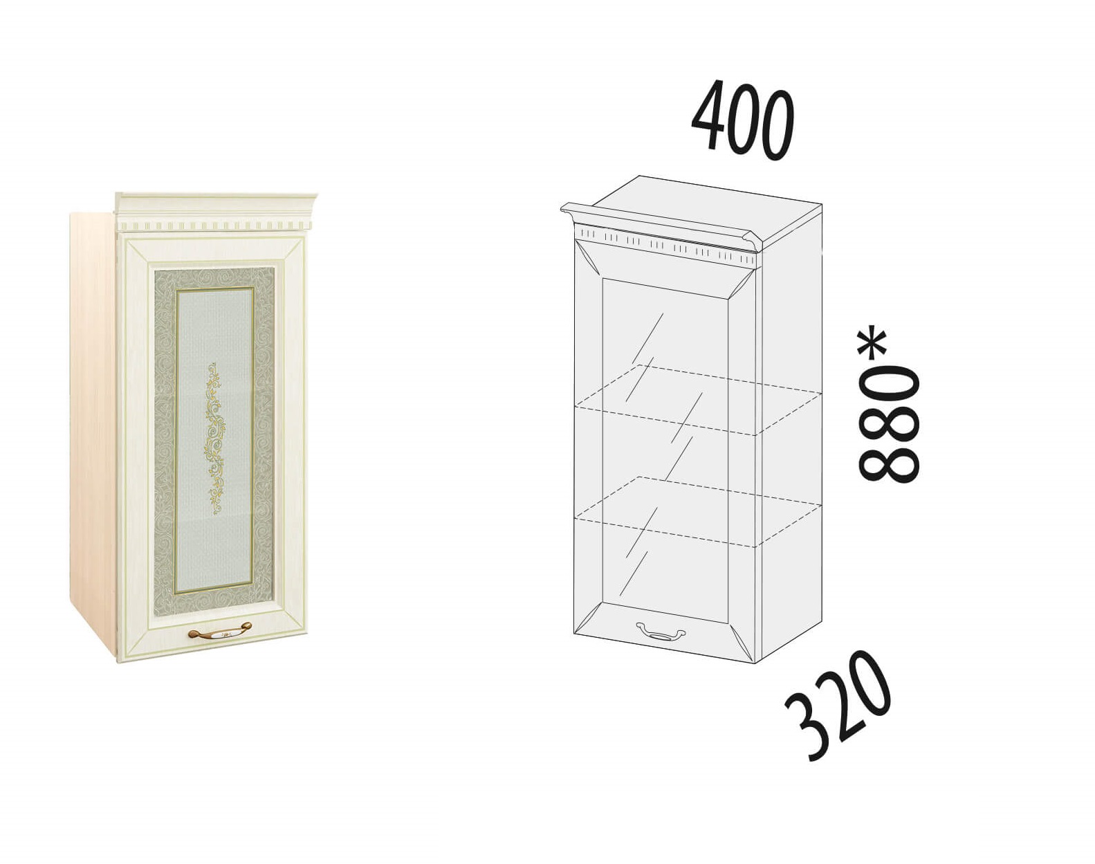 Sienas virtuves skapītis-vitrīna (lab./kr.) Olivija 71.04