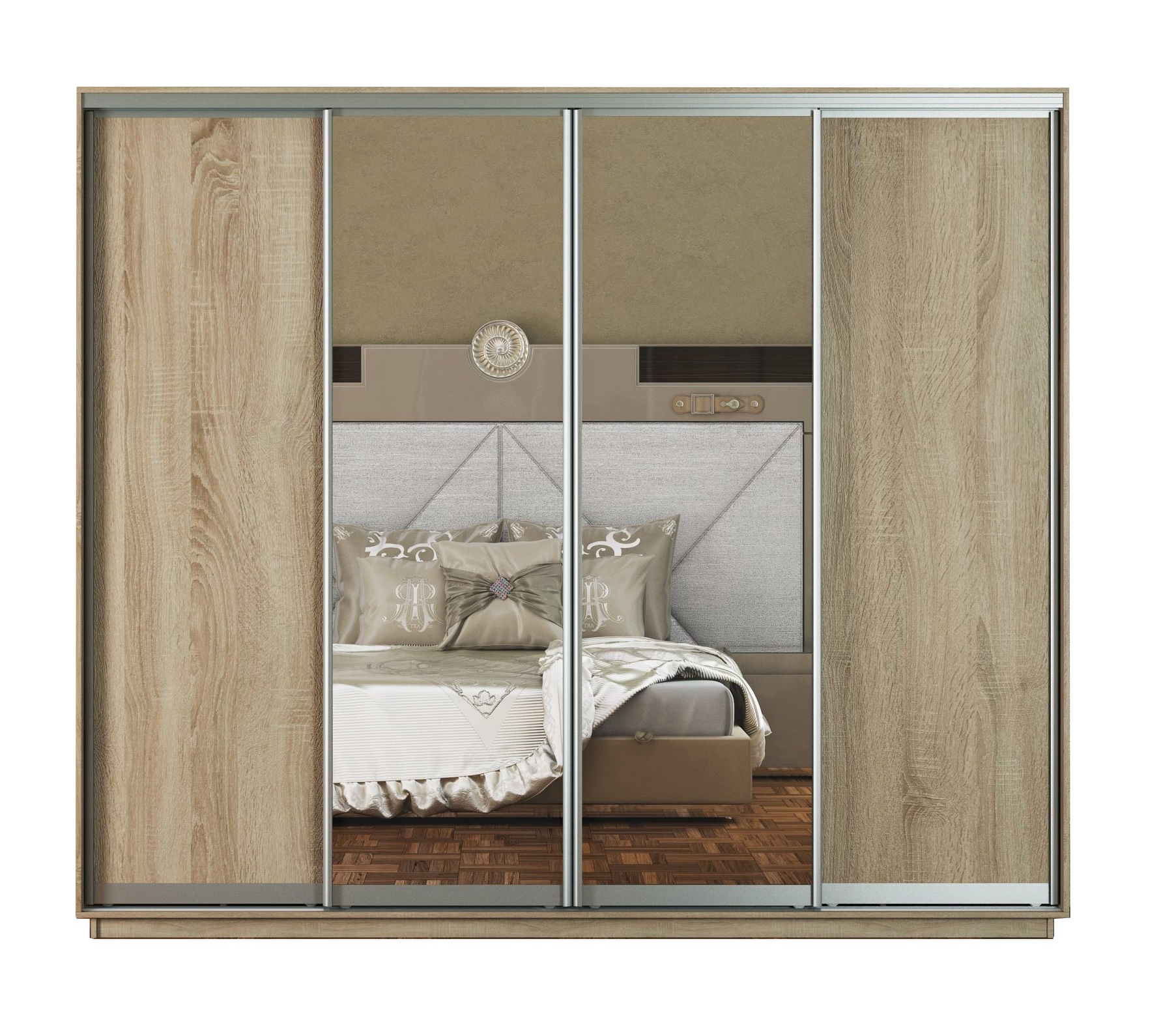 Skapis ar 4 bīdāmām durvīm un spoguli 280/240/60 cm "sonoma"+2 atv.