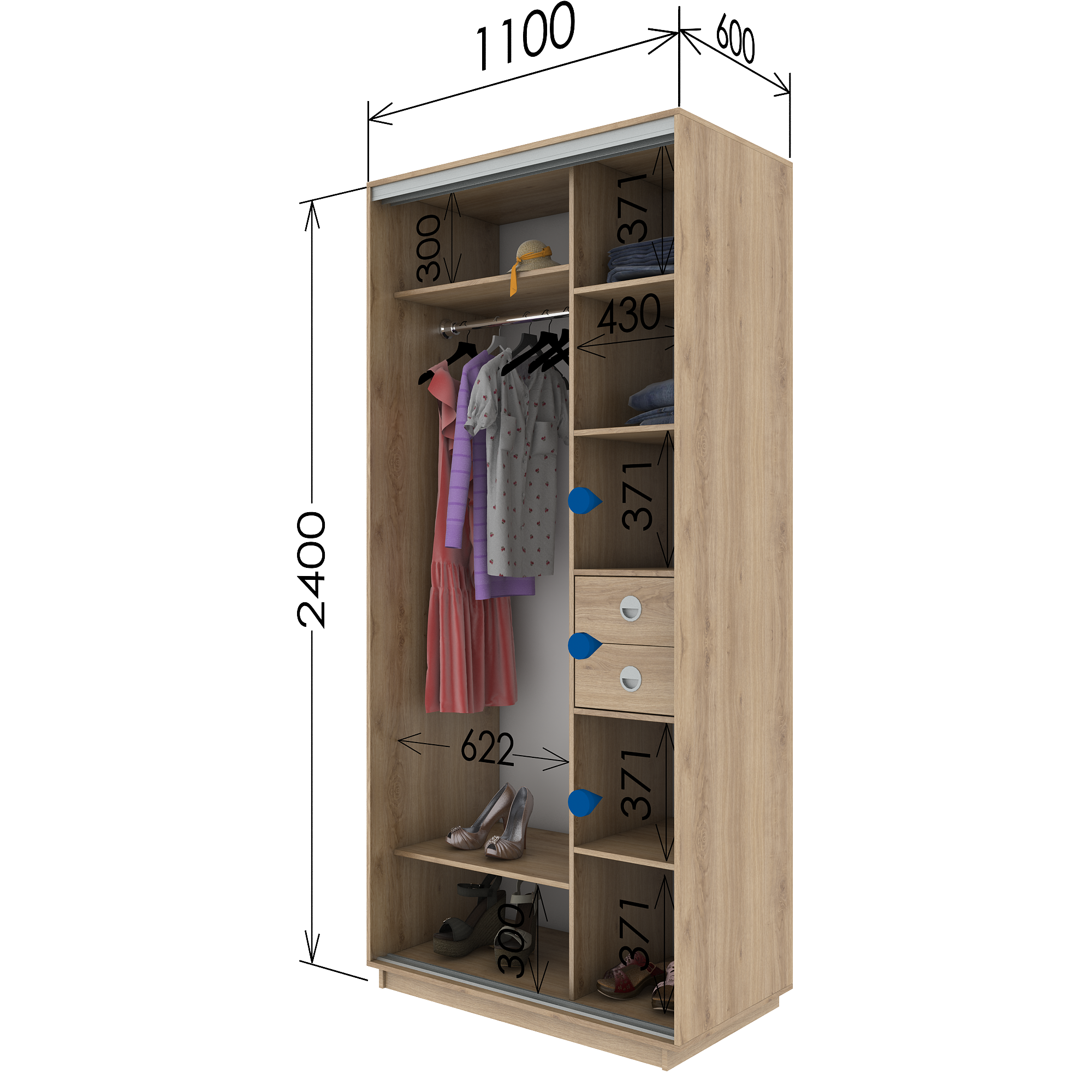 Skapis ar 2 bīdāmām durvīm un spoguli 110/240/60 cm "trifele"+2 atv.